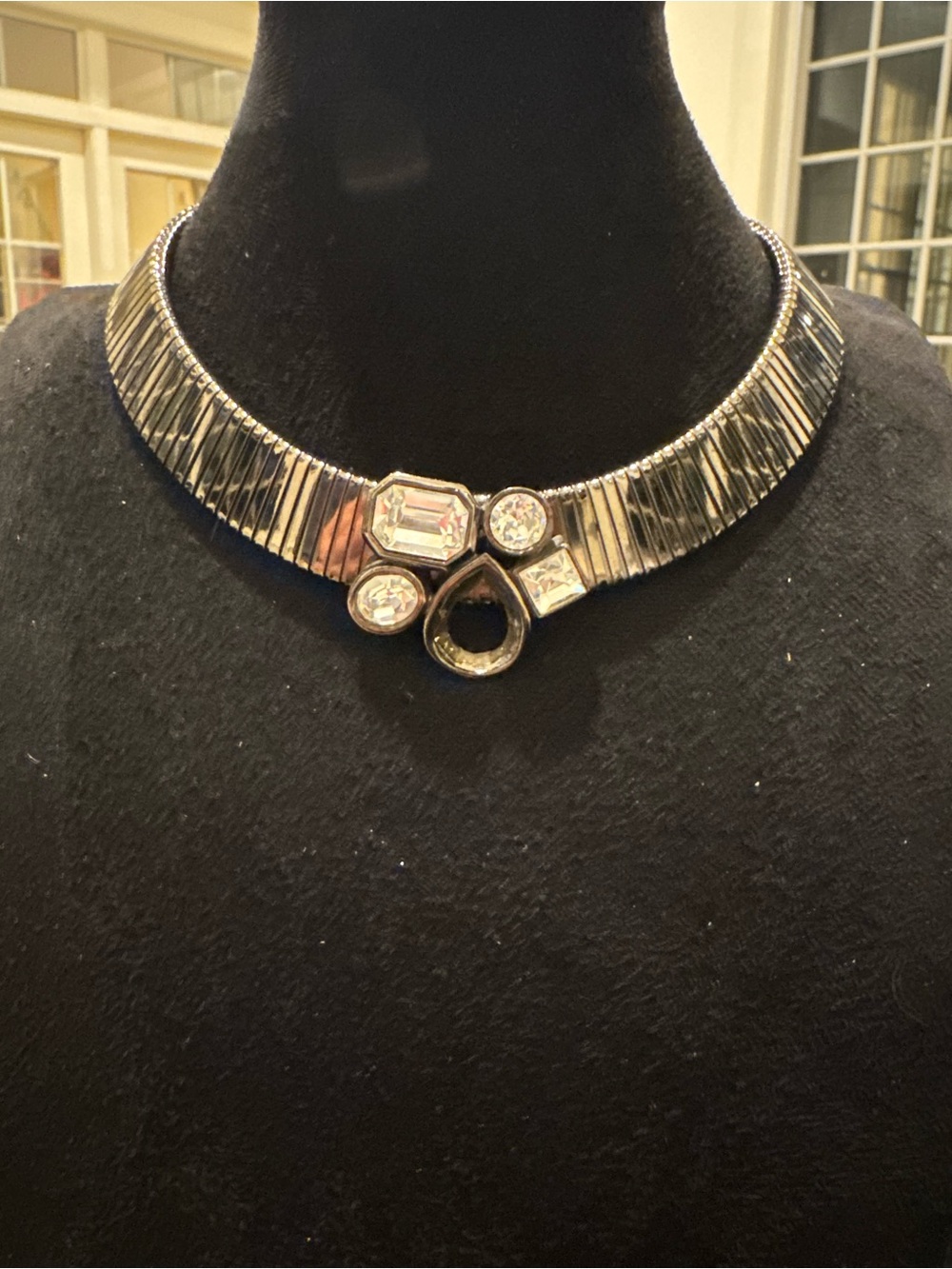 Vintage Style Silver Tone Rhinestone Statement Collar Necklace Missing Stone